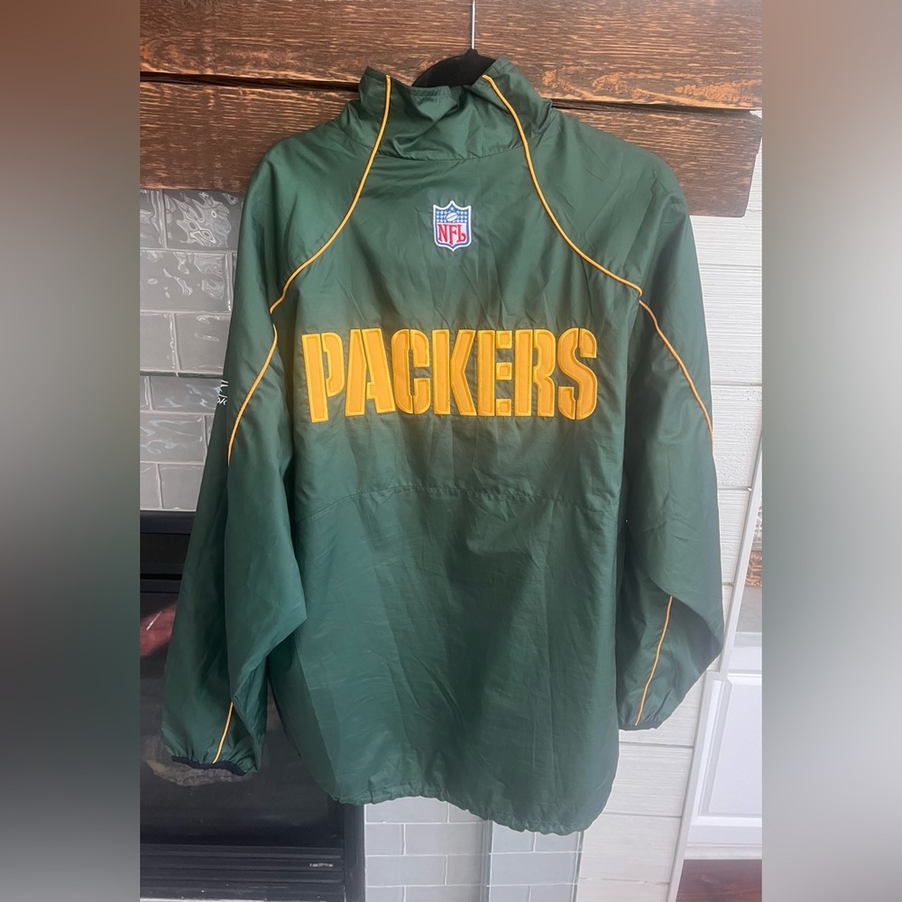 Reebok Large Green Bay Packer Windbreaker Jacket Green 1/4 Zip Pullover EUC